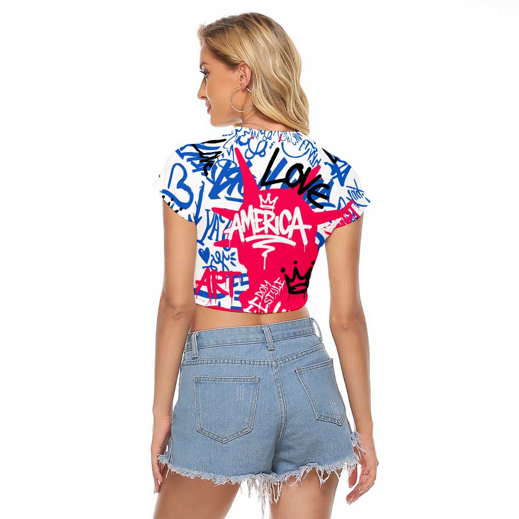 Statue of Liberty Graffiti Street Art Raglan Cropped T Shirt America Text and 4th of July Theme in Red White and Blue Design - Wonder Print Shop