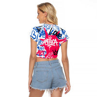 Statue of Liberty Graffiti Street Art Raglan Cropped T Shirt America Text and 4th of July Theme in Red White and Blue Design - Wonder Print Shop