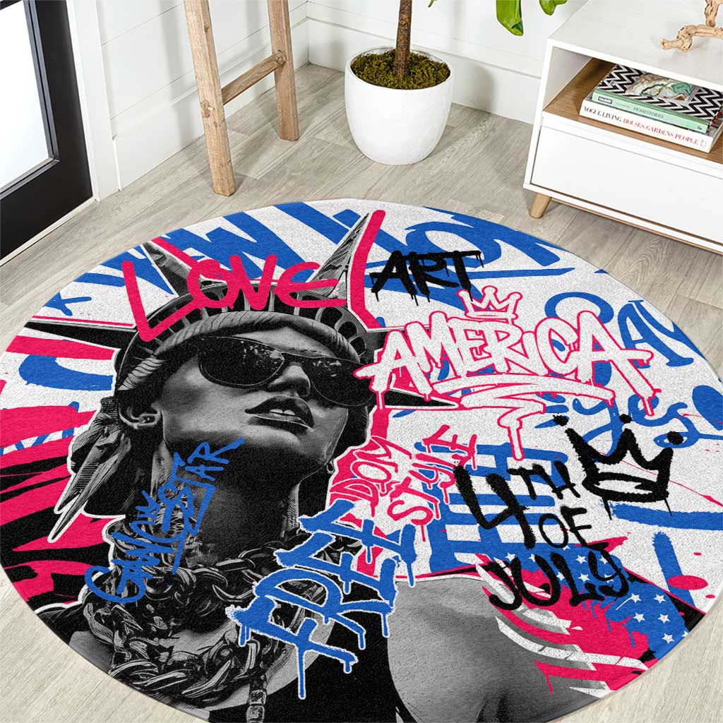 Statue of Liberty Graffiti Street Art Round Carpet America Text and 4th of July Theme in Red White and Blue Design - Wonder Print Shop