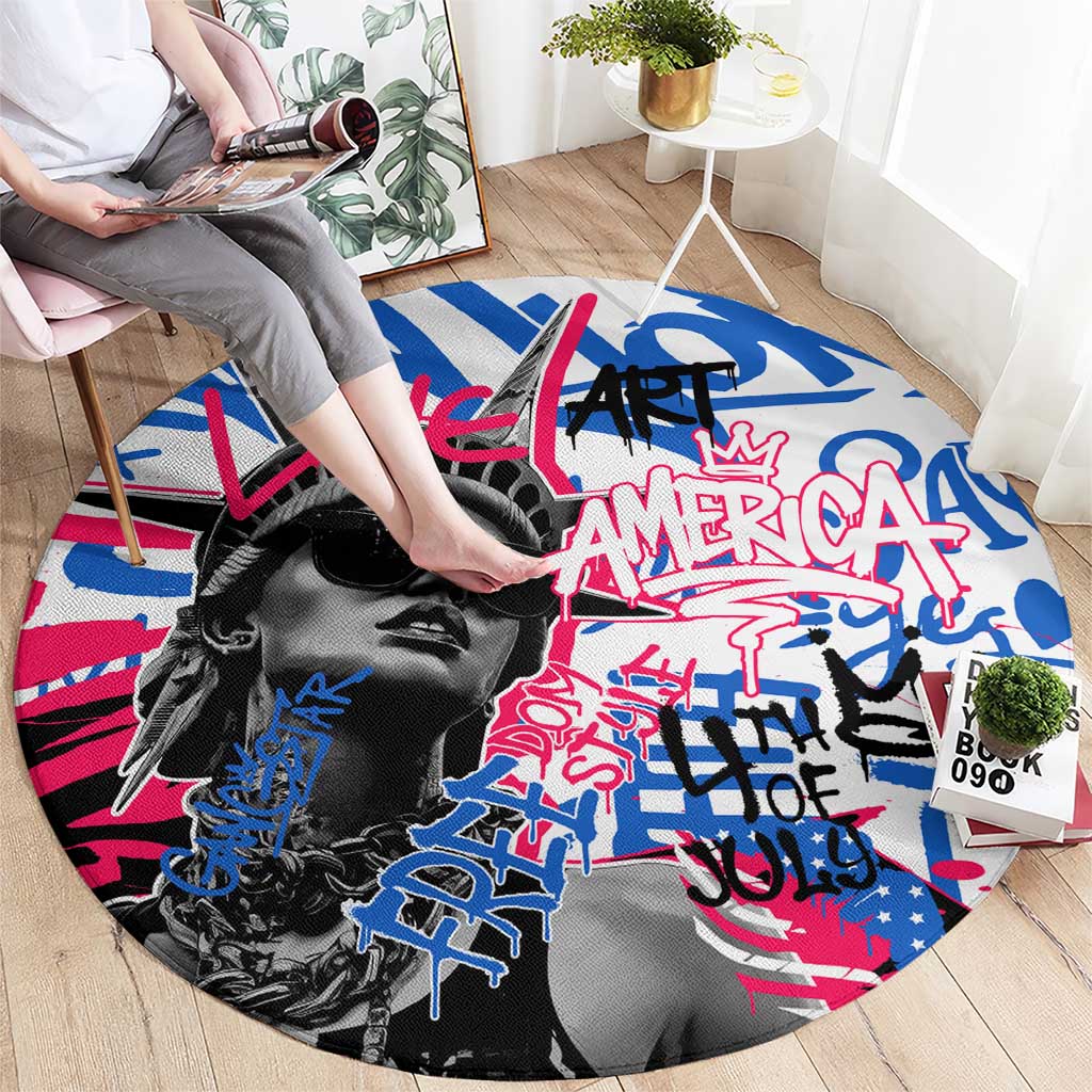 Statue of Liberty Graffiti Street Art Round Carpet America Text and 4th of July Theme in Red White and Blue Design - Wonder Print Shop