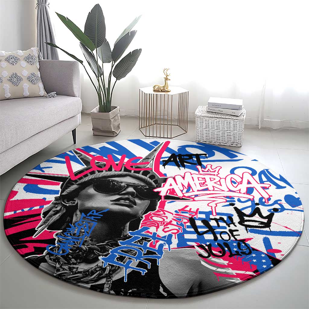Statue of Liberty Graffiti Street Art Round Carpet America Text and 4th of July Theme in Red White and Blue Design - Wonder Print Shop