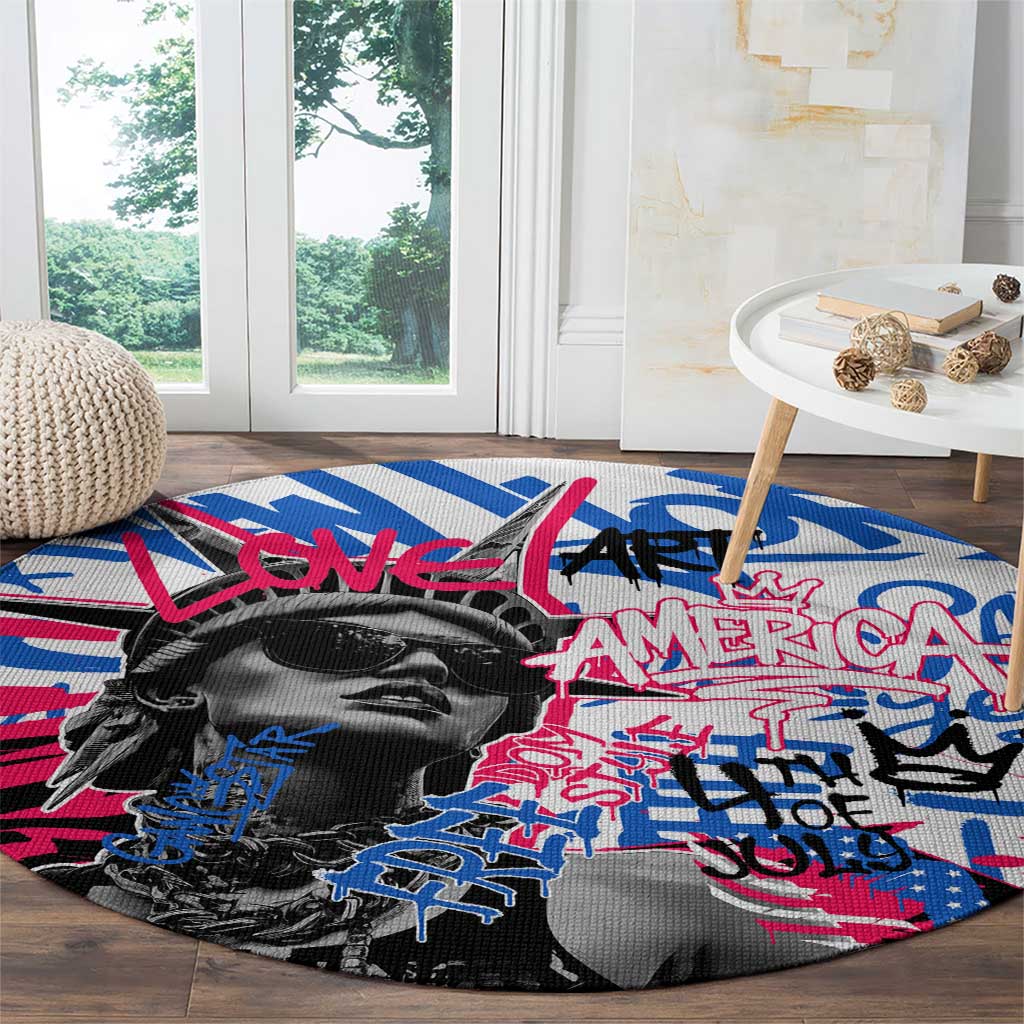 Statue of Liberty Graffiti Street Art Round Carpet America Text and 4th of July Theme in Red White and Blue Design - Wonder Print Shop