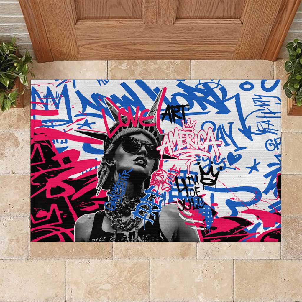 Statue of Liberty Graffiti Street Art Rubber Doormat America Text and 4th of July Theme in Red White and Blue Design - Wonder Print Shop