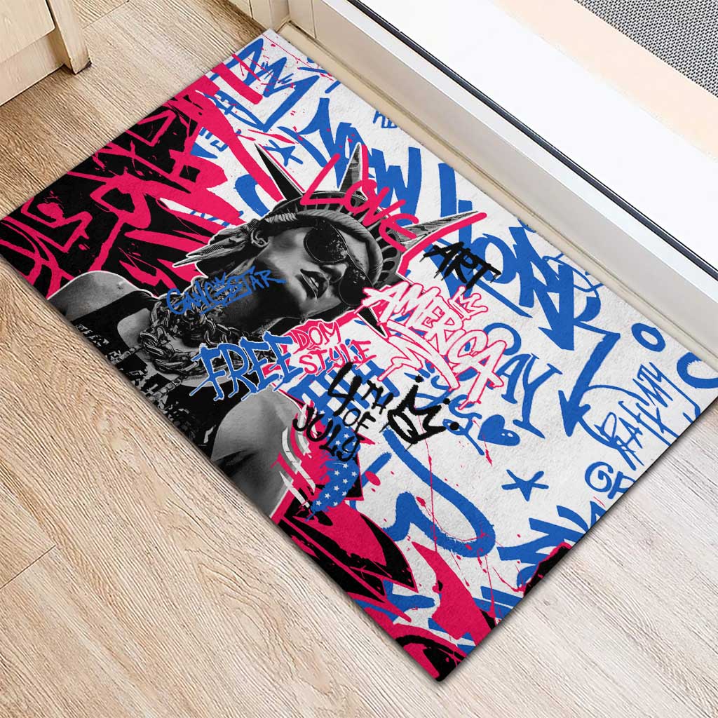 Statue of Liberty Graffiti Street Art Rubber Doormat America Text and 4th of July Theme in Red White and Blue Design - Wonder Print Shop