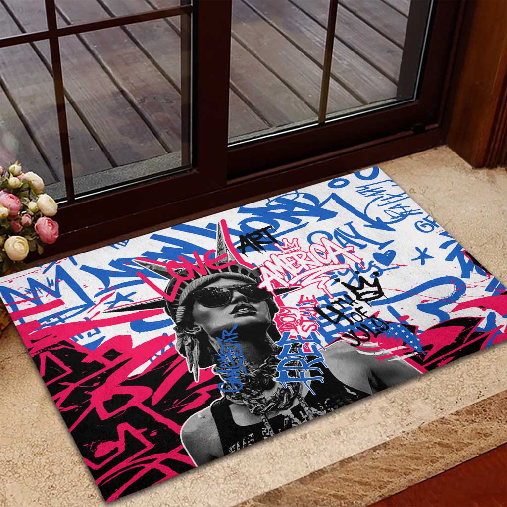Statue of Liberty Graffiti Street Art Rubber Doormat America Text and 4th of July Theme in Red White and Blue Design - Wonder Print Shop