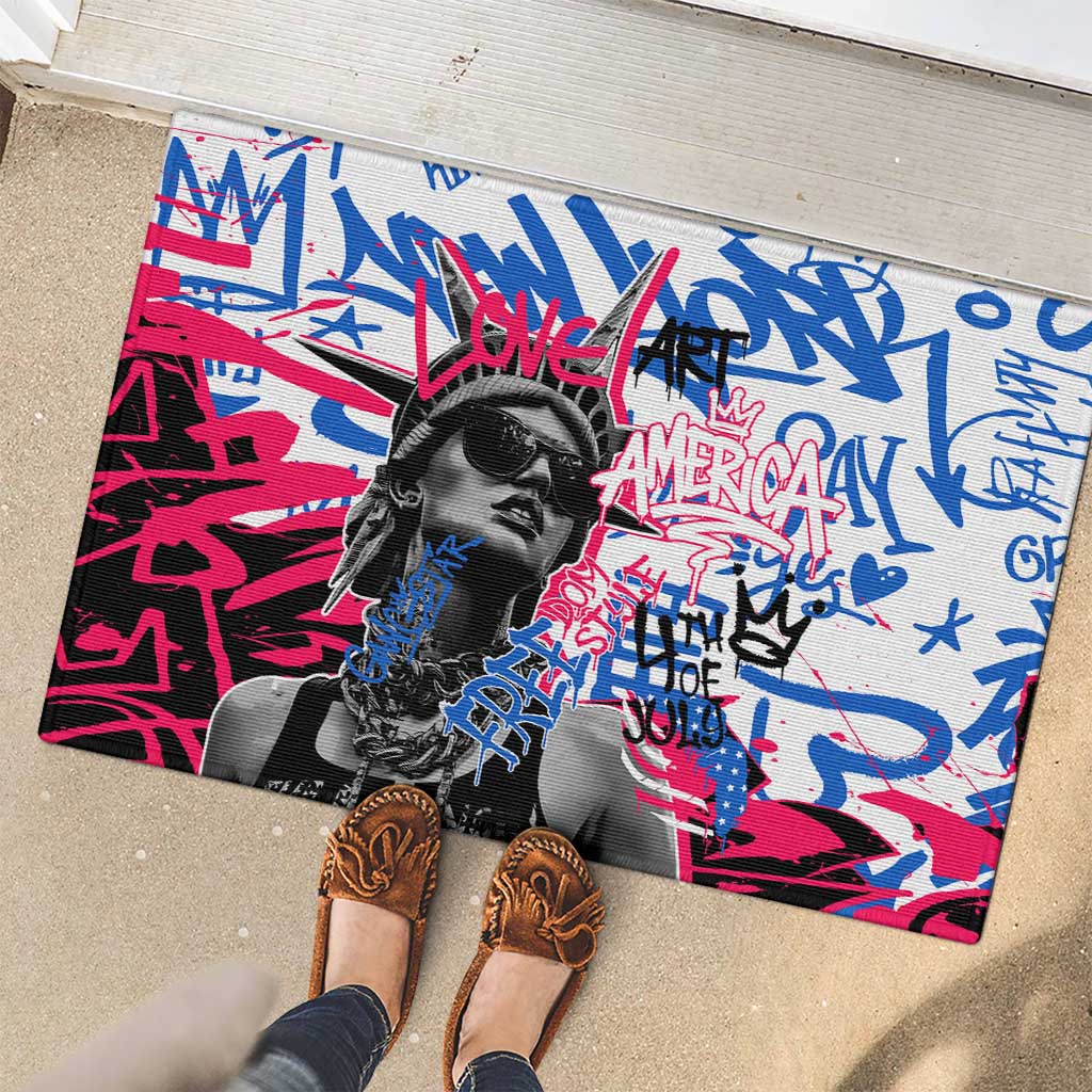 Statue of Liberty Graffiti Street Art Rubber Doormat America Text and 4th of July Theme in Red White and Blue Design - Wonder Print Shop
