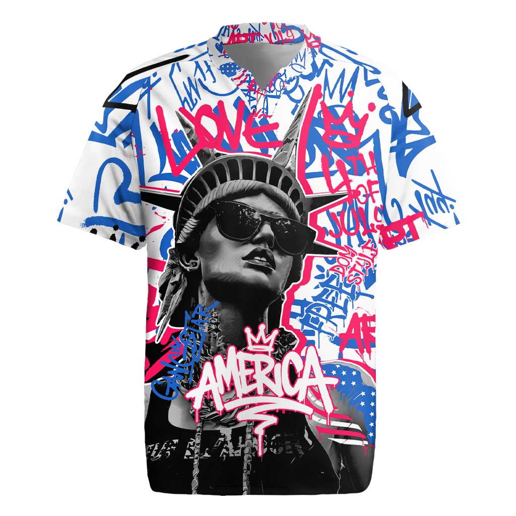 Statue of Liberty Graffiti Street Art Rugby Jersey America Text and 4th of July Theme in Red White and Blue Design - Wonder Print Shop