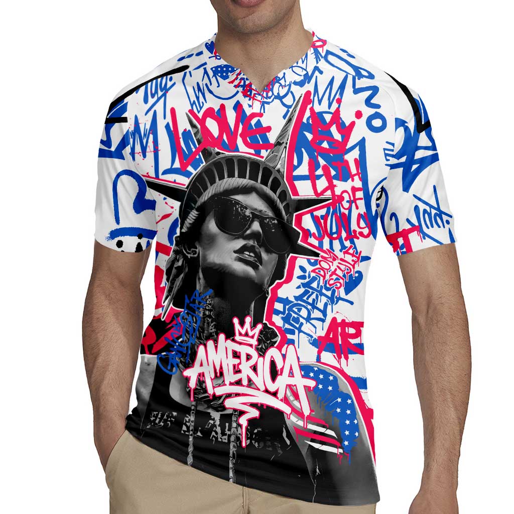 Statue of Liberty Graffiti Street Art Rugby Jersey America Text and 4th of July Theme in Red White and Blue Design - Wonder Print Shop
