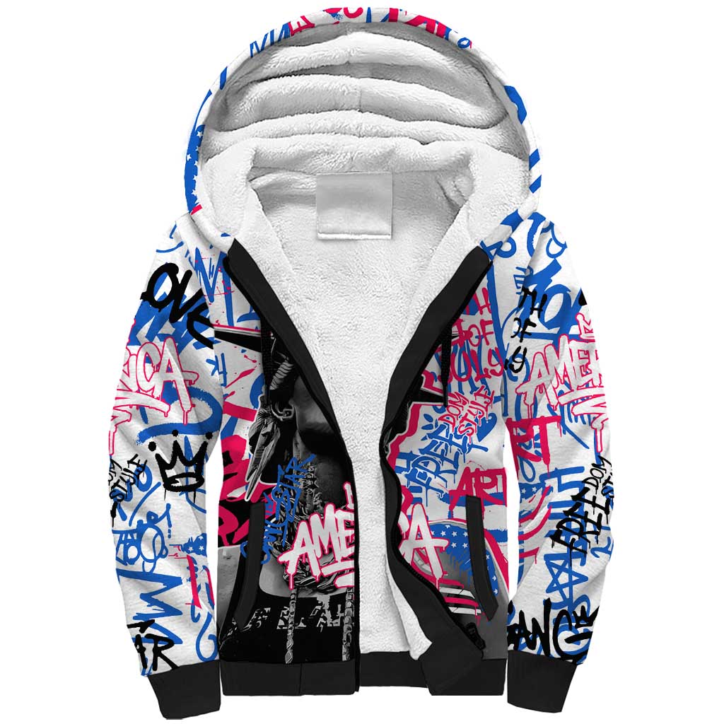 Statue of Liberty Graffiti Street Art Sherpa Hoodie America Text and 4th of July Theme in Red White and Blue Design - Wonder Print Shop
