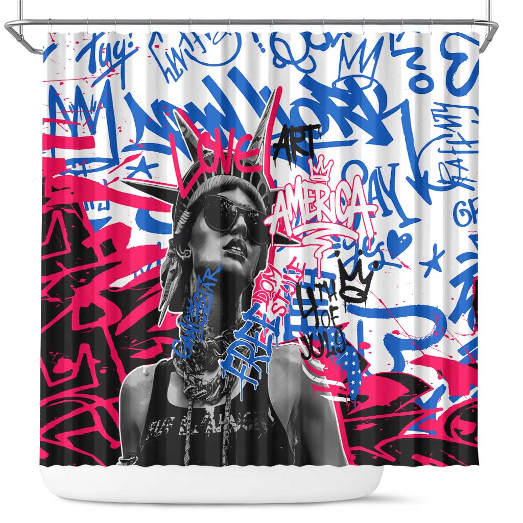 Statue of Liberty Graffiti Street Art Shower Curtain America Text and 4th of July Theme in Red White and Blue Design - Wonder Print Shop