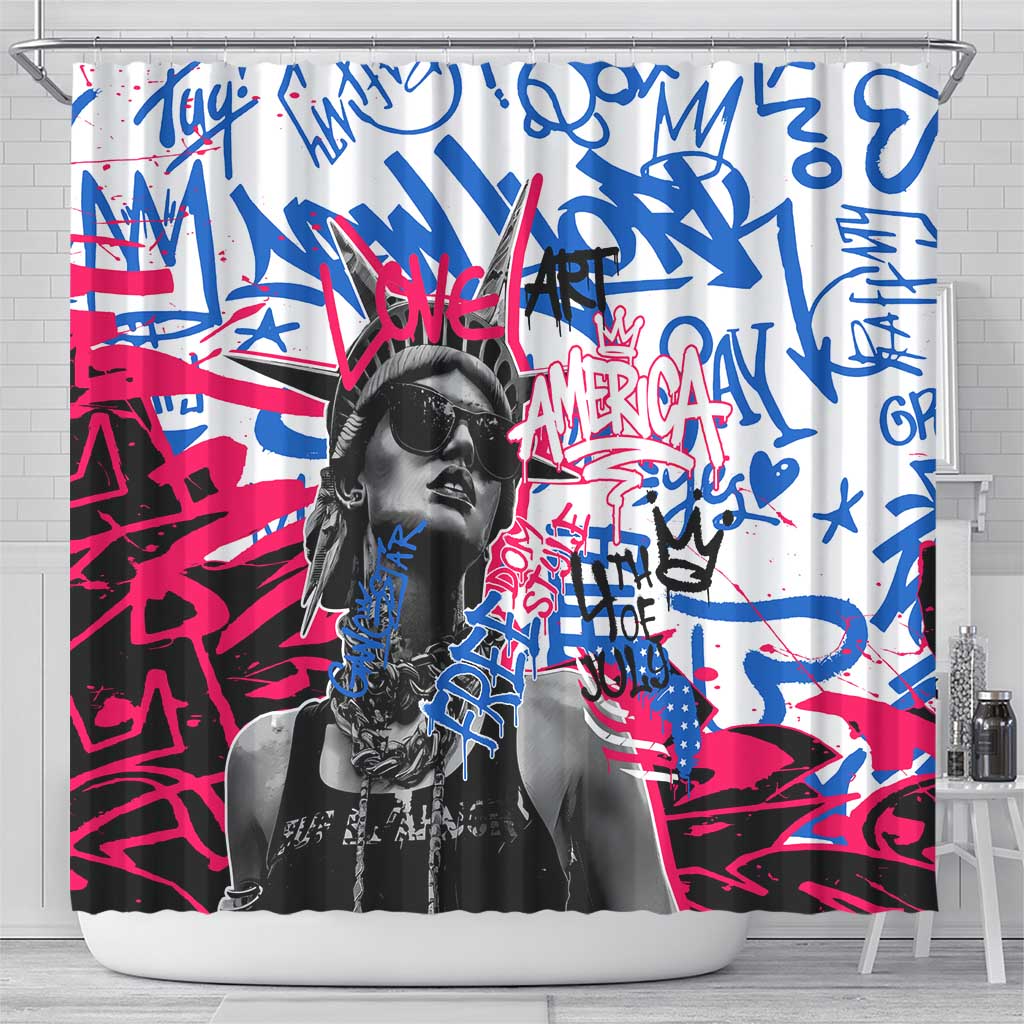 Statue of Liberty Graffiti Street Art Shower Curtain America Text and 4th of July Theme in Red White and Blue Design - Wonder Print Shop
