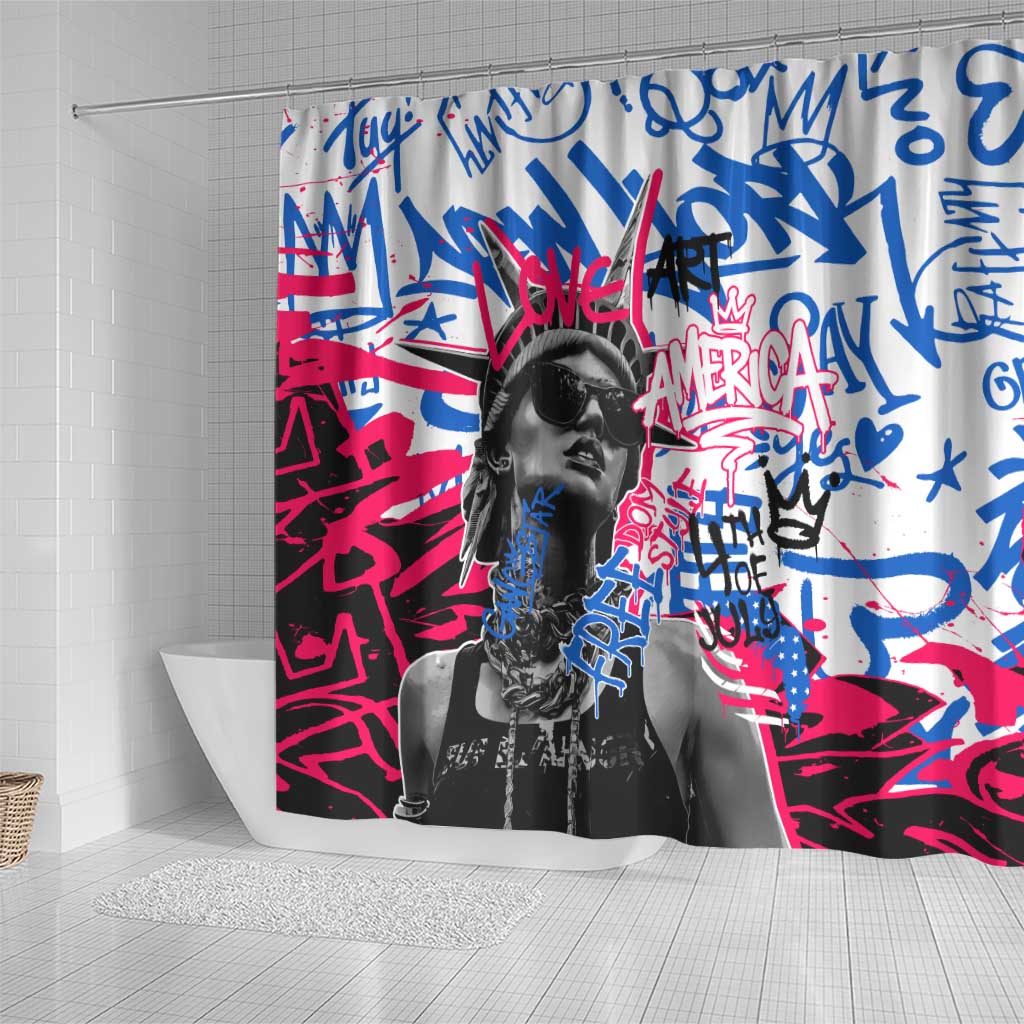 Statue of Liberty Graffiti Street Art Shower Curtain America Text and 4th of July Theme in Red White and Blue Design - Wonder Print Shop