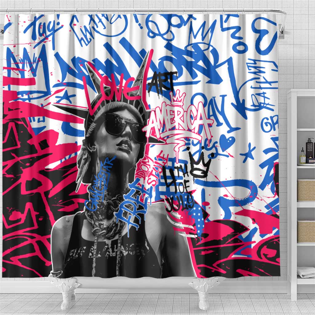 Statue of Liberty Graffiti Street Art Shower Curtain America Text and 4th of July Theme in Red White and Blue Design - Wonder Print Shop