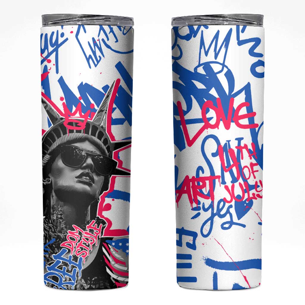 Statue of Liberty Graffiti Street Art Skinny Tumbler America Text and 4th of July Theme in Red White and Blue Design - Wonder Print Shop