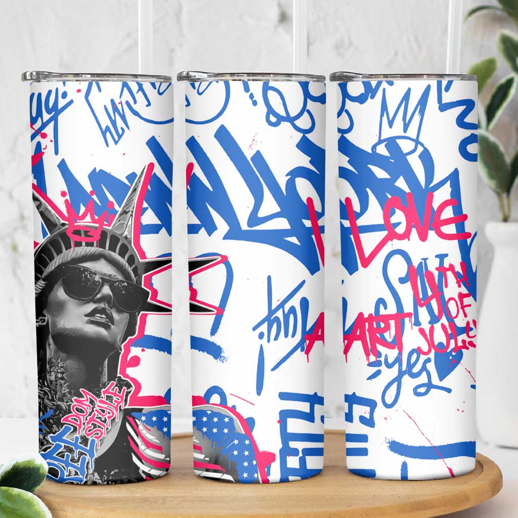 Statue of Liberty Graffiti Street Art Skinny Tumbler America Text and 4th of July Theme in Red White and Blue Design - Wonder Print Shop