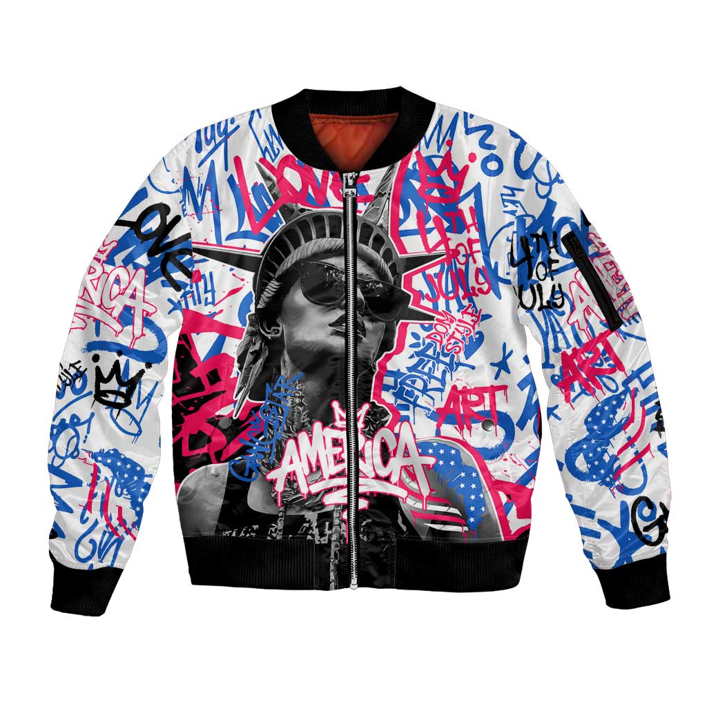 Statue of Liberty Graffiti Street Art Sleeve Zip Bomber Jacket America Text and 4th of July Theme in Red White and Blue Design - Wonder Print Shop