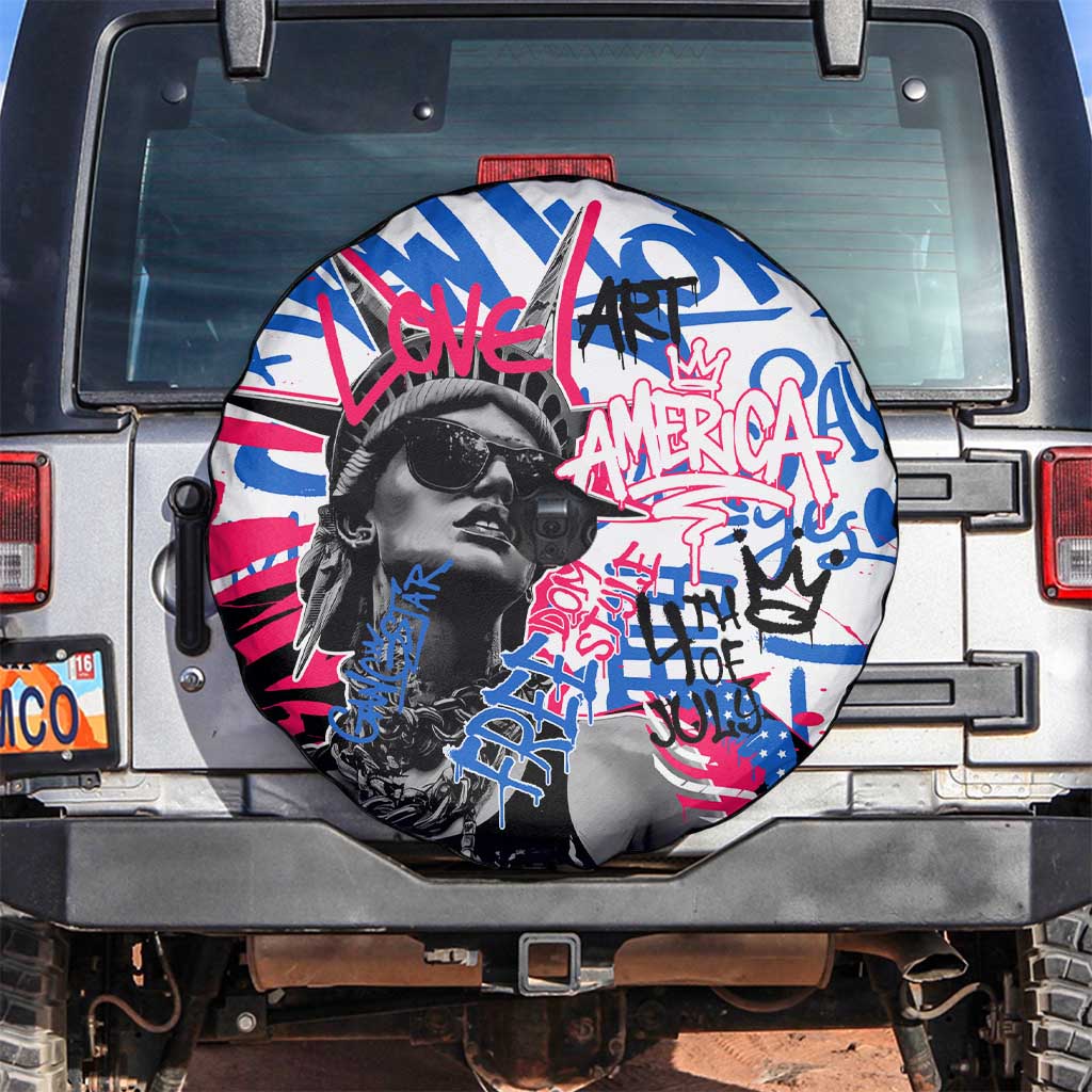 Statue of Liberty Graffiti Street Art Spare Tire Cover America Text and 4th of July Theme in Red White and Blue Design - Wonder Print Shop