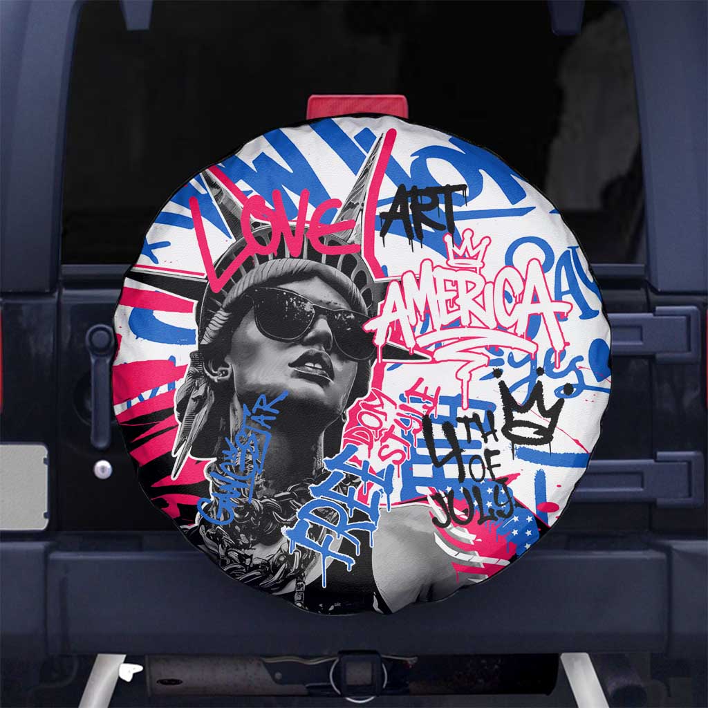 Statue of Liberty Graffiti Street Art Spare Tire Cover America Text and 4th of July Theme in Red White and Blue Design - Wonder Print Shop