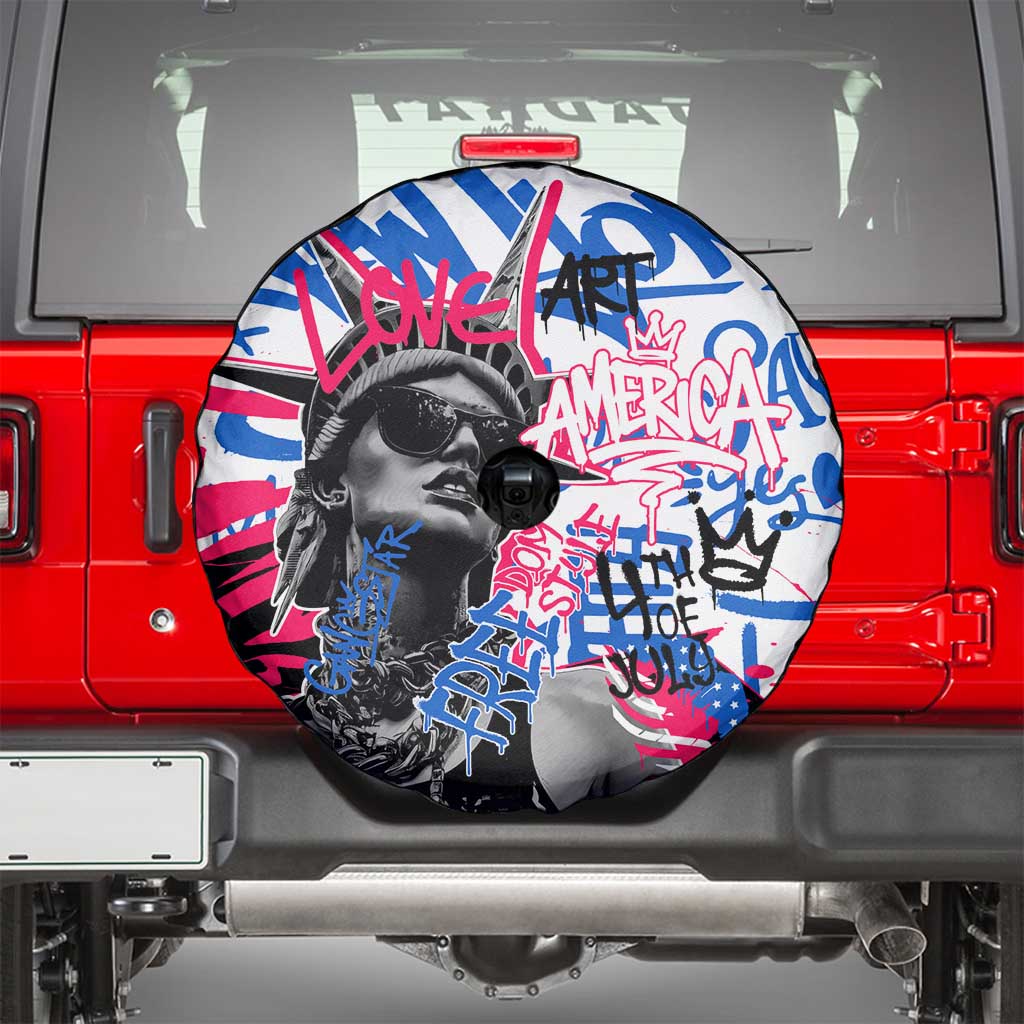Statue of Liberty Graffiti Street Art Spare Tire Cover America Text and 4th of July Theme in Red White and Blue Design - Wonder Print Shop