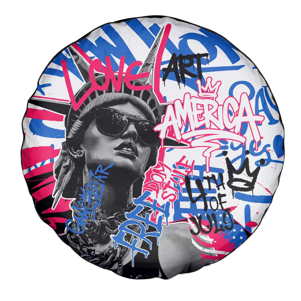 Statue of Liberty Graffiti Street Art Spare Tire Cover America Text and 4th of July Theme in Red White and Blue Design - Wonder Print Shop