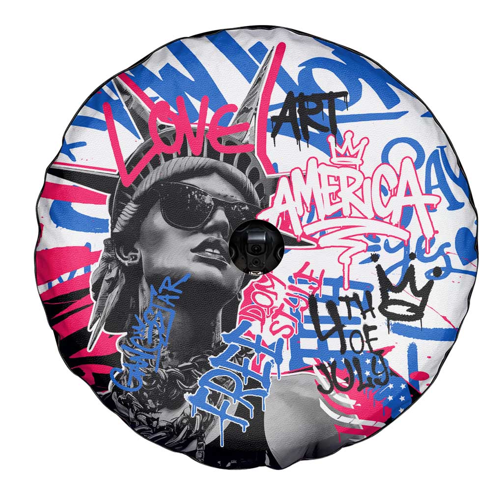 Statue of Liberty Graffiti Street Art Spare Tire Cover America Text and 4th of July Theme in Red White and Blue Design - Wonder Print Shop