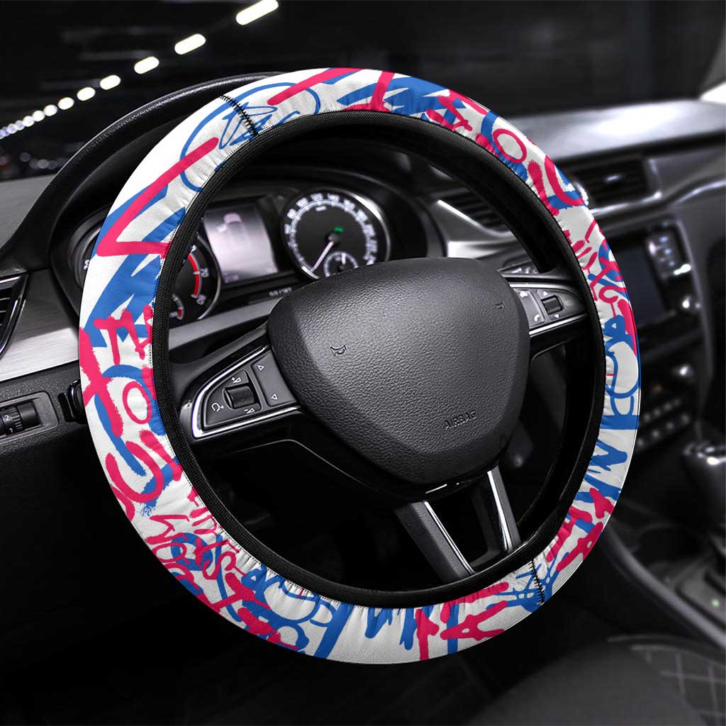 Statue of Liberty Graffiti Street Art Steering Wheel Cover America Text and 4th of July Theme in Red White and Blue Design - Wonder Print Shop
