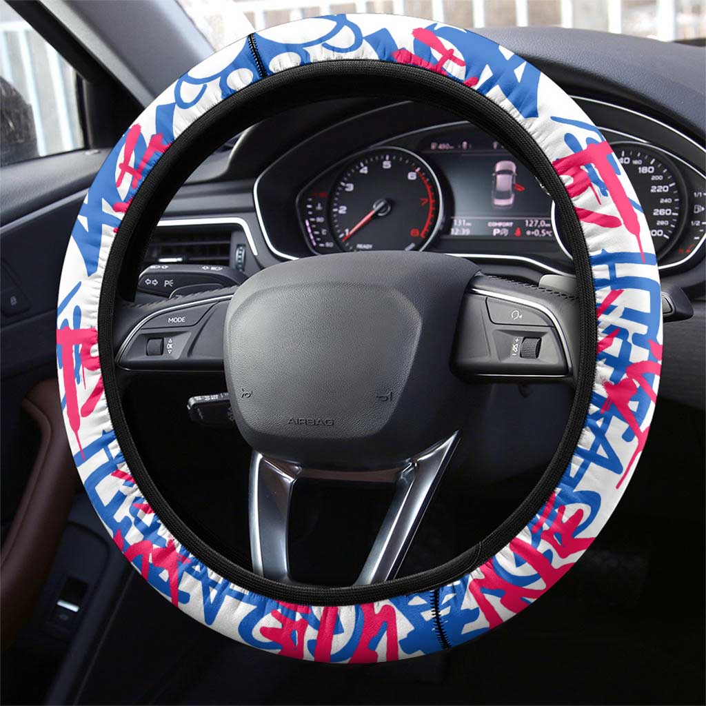 Statue of Liberty Graffiti Street Art Steering Wheel Cover America Text and 4th of July Theme in Red White and Blue Design - Wonder Print Shop