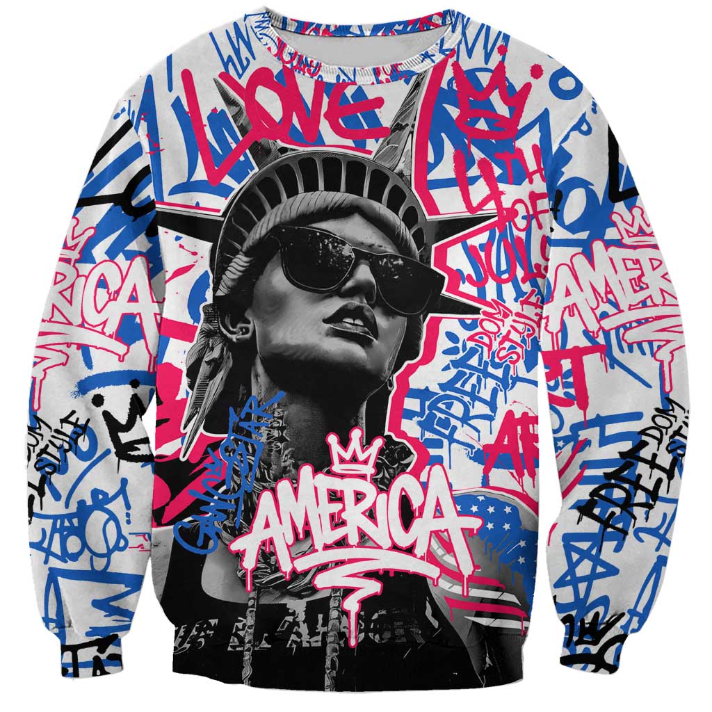 Statue of Liberty Graffiti Street Art Sweatshirt America Text and 4th of July Theme in Red White and Blue Design - Wonder Print Shop