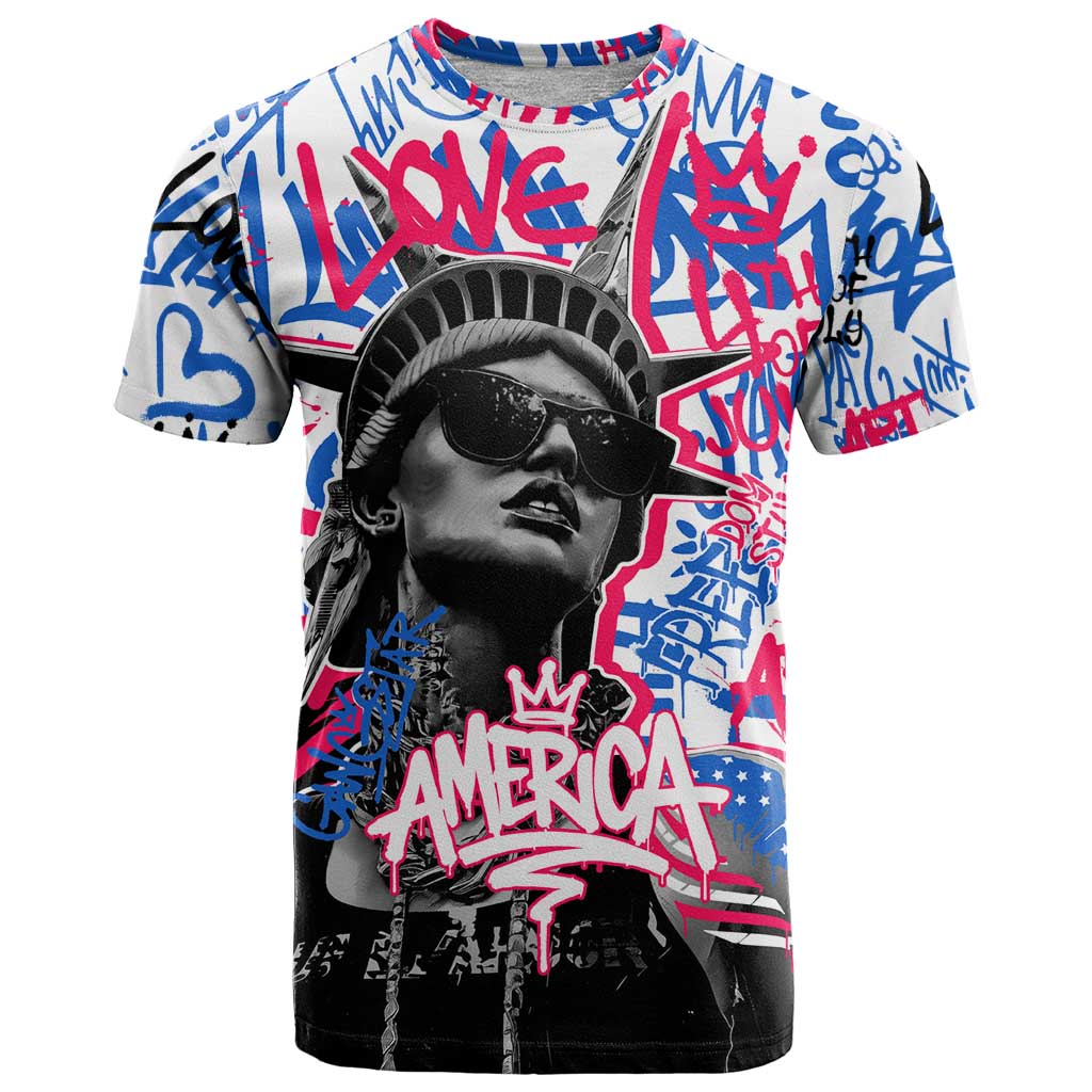 Statue of Liberty Graffiti Street Art T Shirt America Text and 4th of July Theme in Red White and Blue Design - Wonder Print Shop