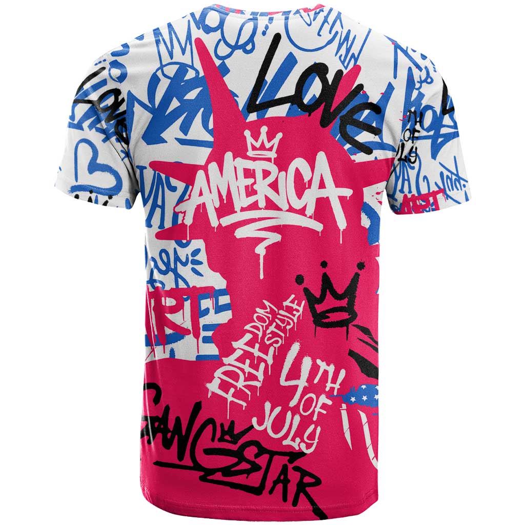 Statue of Liberty Graffiti Street Art T Shirt America Text and 4th of July Theme in Red White and Blue Design - Wonder Print Shop