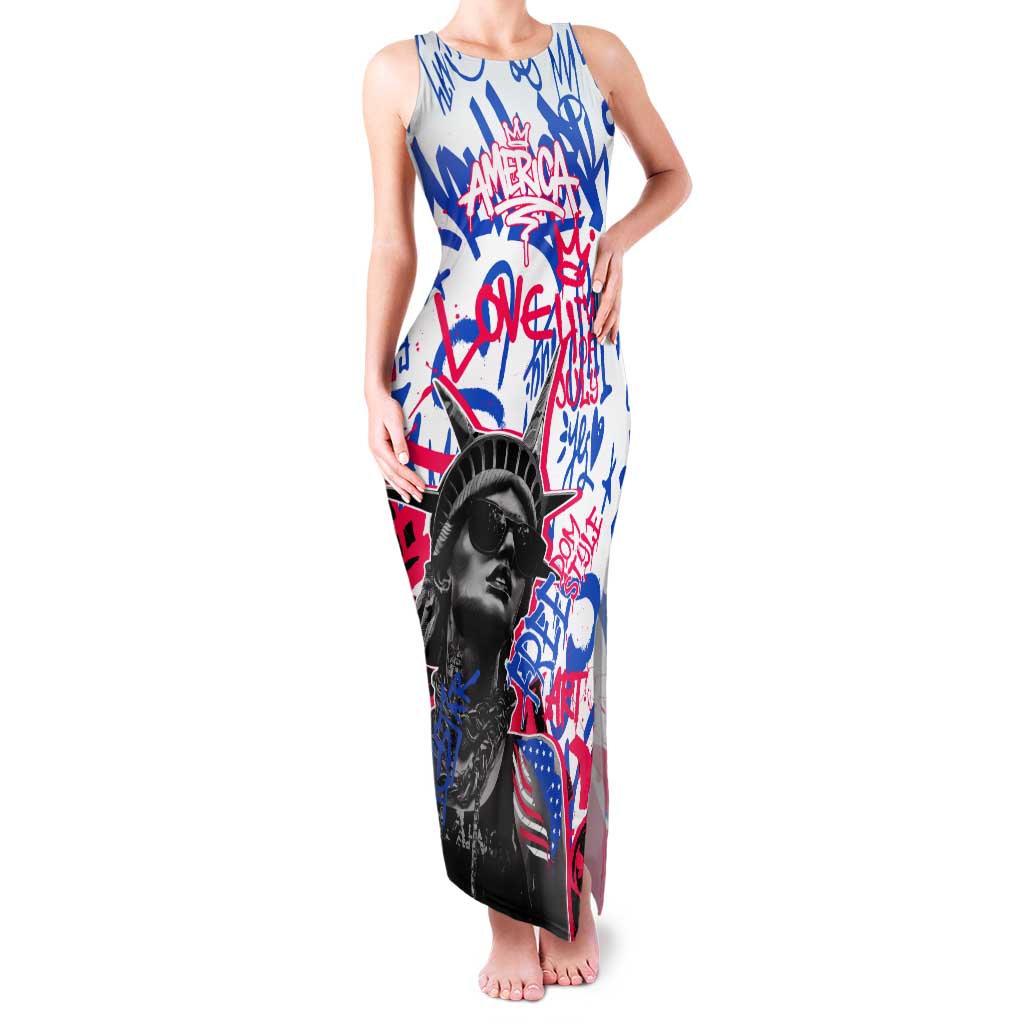Statue of Liberty Graffiti Street Art Tank Maxi Dress America Text and 4th of July Theme in Red White and Blue Design - Wonder Print Shop