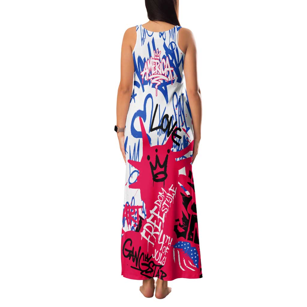 Statue of Liberty Graffiti Street Art Tank Maxi Dress America Text and 4th of July Theme in Red White and Blue Design - Wonder Print Shop