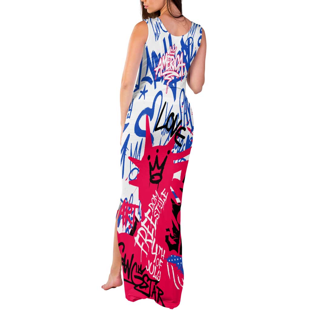 Statue of Liberty Graffiti Street Art Tank Maxi Dress America Text and 4th of July Theme in Red White and Blue Design - Wonder Print Shop