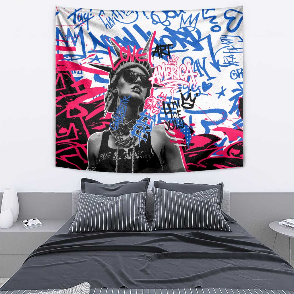 Statue of Liberty Graffiti Street Art Tapestry America Text and 4th of July Theme in Red White and Blue Design - Wonder Print Shop