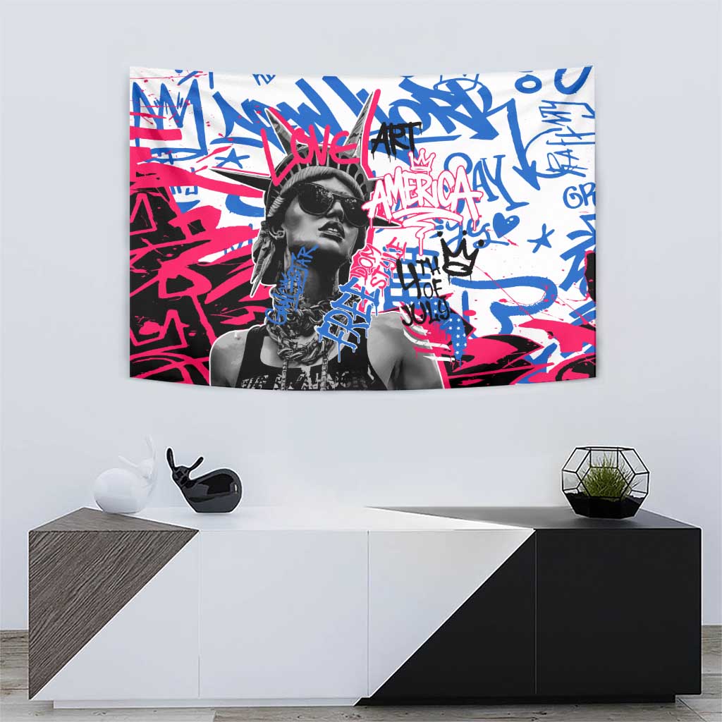 Statue of Liberty Graffiti Street Art Tapestry America Text and 4th of July Theme in Red White and Blue Design - Wonder Print Shop