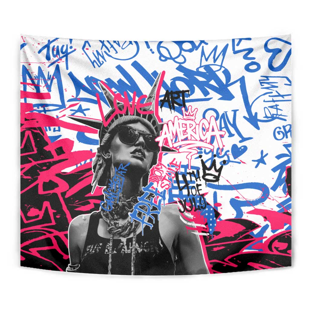 Statue of Liberty Graffiti Street Art Tapestry America Text and 4th of July Theme in Red White and Blue Design - Wonder Print Shop