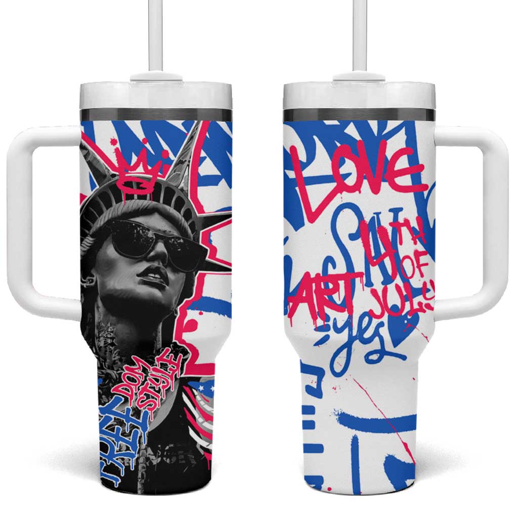 Statue of Liberty Graffiti Street Art Tumbler With Handle America Text and 4th of July Theme in Red White and Blue Design - Wonder Print Shop