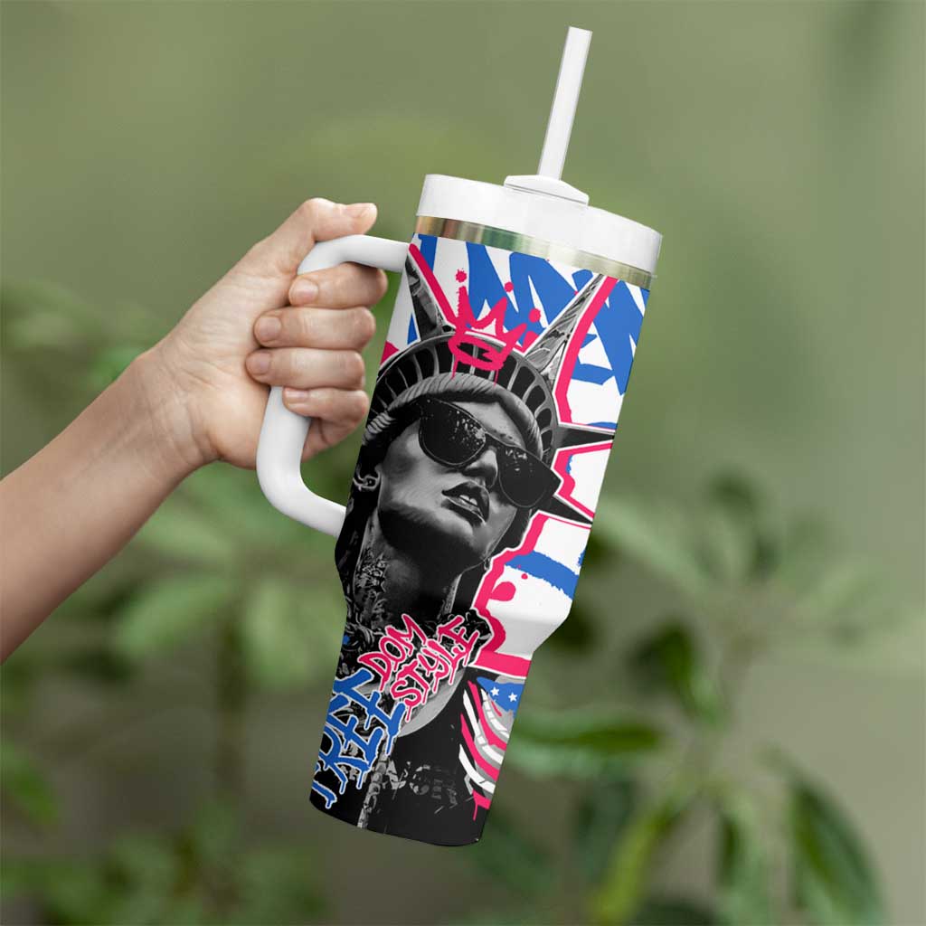 Statue of Liberty Graffiti Street Art Tumbler With Handle America Text and 4th of July Theme in Red White and Blue Design - Wonder Print Shop