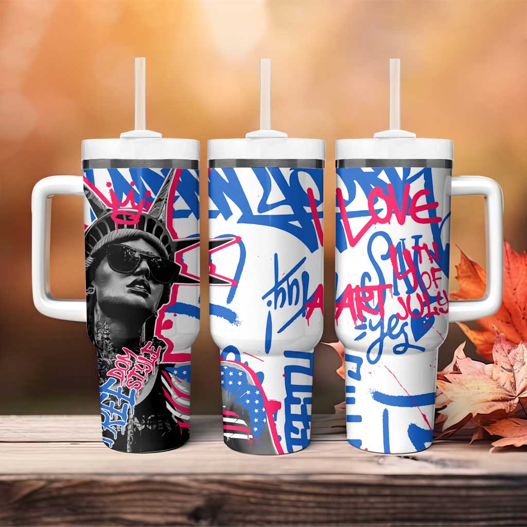 Statue of Liberty Graffiti Street Art Tumbler With Handle America Text and 4th of July Theme in Red White and Blue Design - Wonder Print Shop