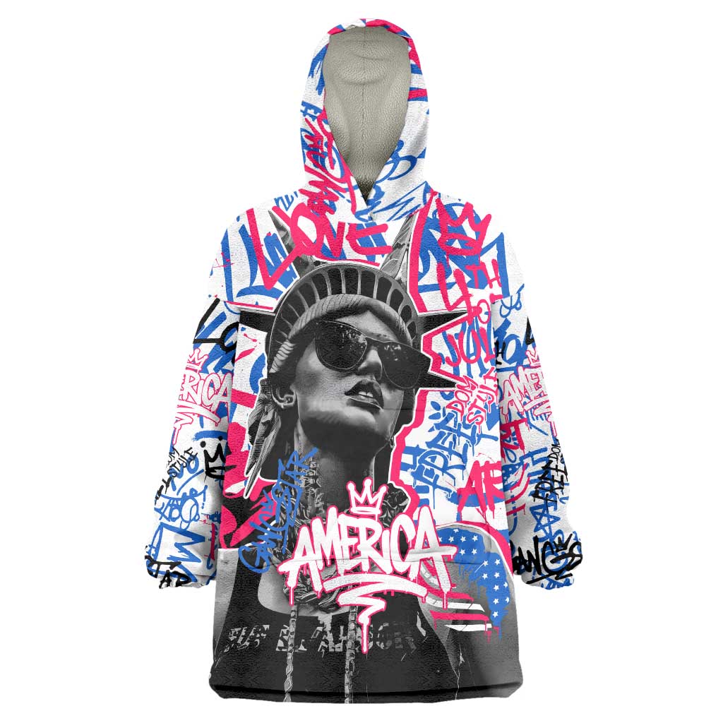 Statue of Liberty Graffiti Street Art Wearable Blanket Hoodie America Text and 4th of July Theme in Red White and Blue Design - Wonder Print Shop