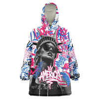 Statue of Liberty Graffiti Street Art Wearable Blanket Hoodie America Text and 4th of July Theme in Red White and Blue Design - Wonder Print Shop
