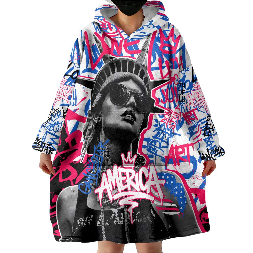 Statue of Liberty Graffiti Street Art Wearable Blanket Hoodie America Text and 4th of July Theme in Red White and Blue Design - Wonder Print Shop