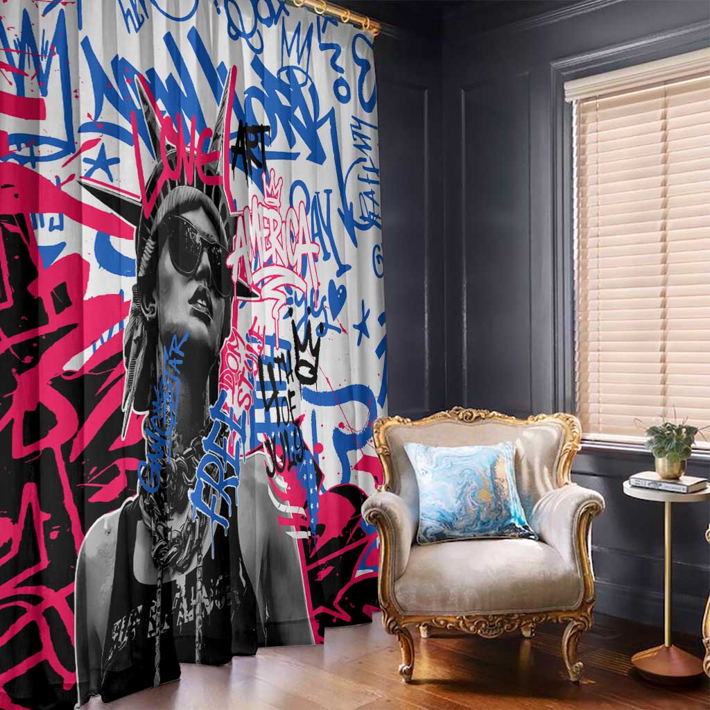 Statue of Liberty Graffiti Street Art Window Curtain America Text and 4th of July Theme in Red White and Blue Design - Wonder Print Shop