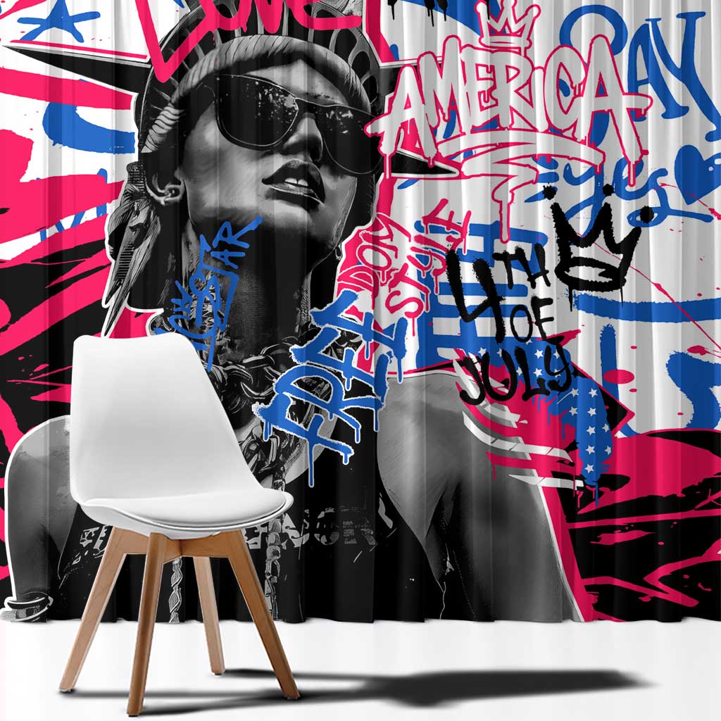 Statue of Liberty Graffiti Street Art Window Curtain America Text and 4th of July Theme in Red White and Blue Design - Wonder Print Shop