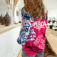 Statue of Liberty Graffiti Street Art Women Casual Shirt America Text and 4th of July Theme in Red White and Blue Design - Wonder Print Shop