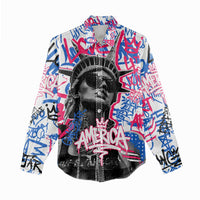 Statue of Liberty Graffiti Street Art Women Casual Shirt America Text and 4th of July Theme in Red White and Blue Design - Wonder Print Shop