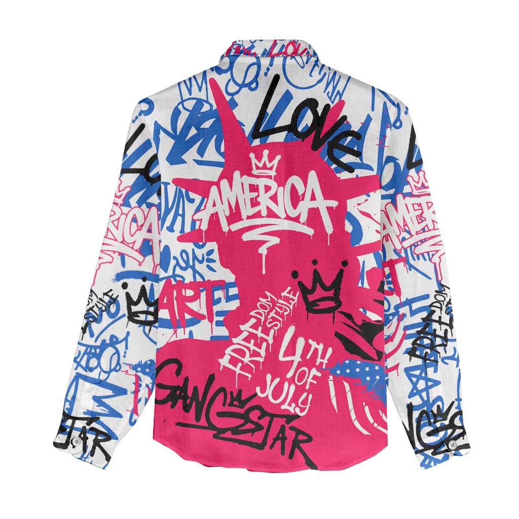 Statue of Liberty Graffiti Street Art Women Casual Shirt America Text and 4th of July Theme in Red White and Blue Design - Wonder Print Shop
