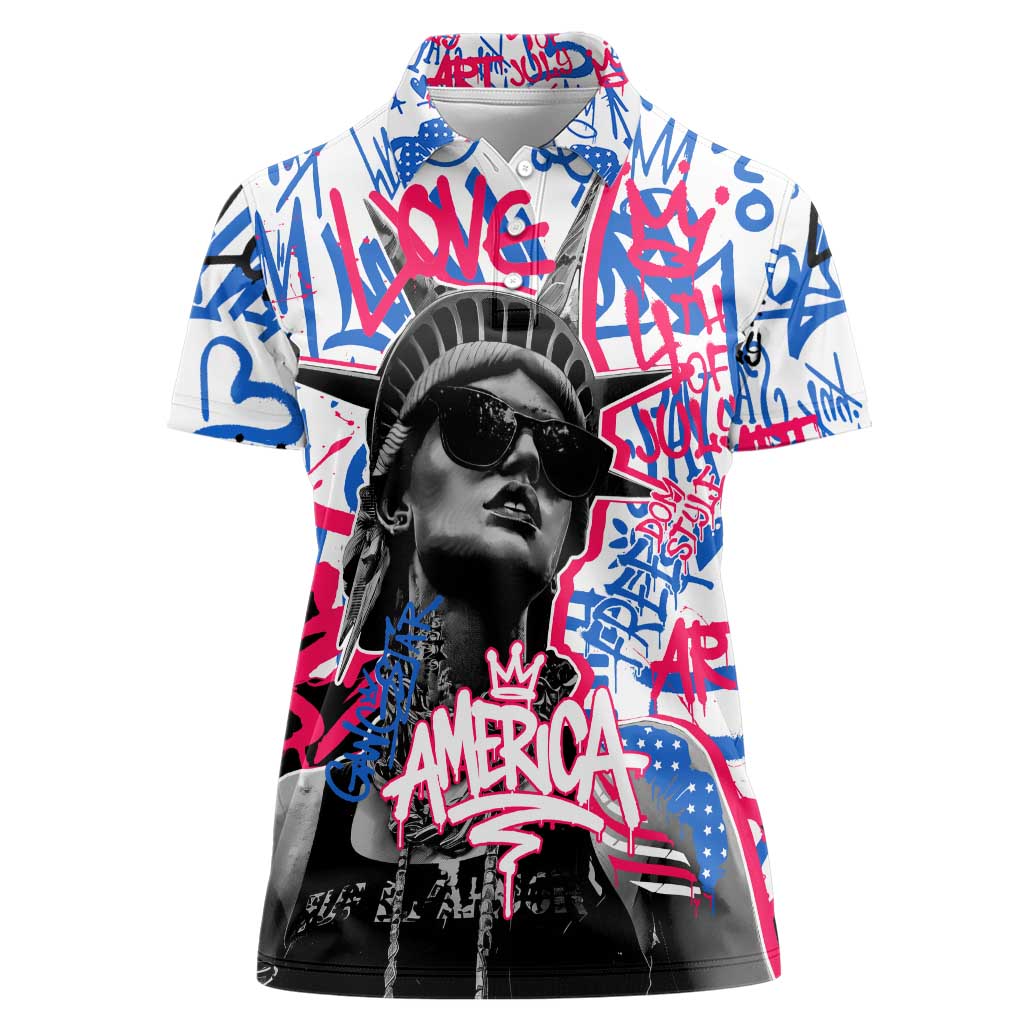 Statue of Liberty Graffiti Street Art Women Polo Shirt America Text and 4th of July Theme in Red White and Blue Design - Wonder Print Shop