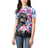 Statue of Liberty Graffiti Street Art Women Polo Shirt America Text and 4th of July Theme in Red White and Blue Design - Wonder Print Shop
