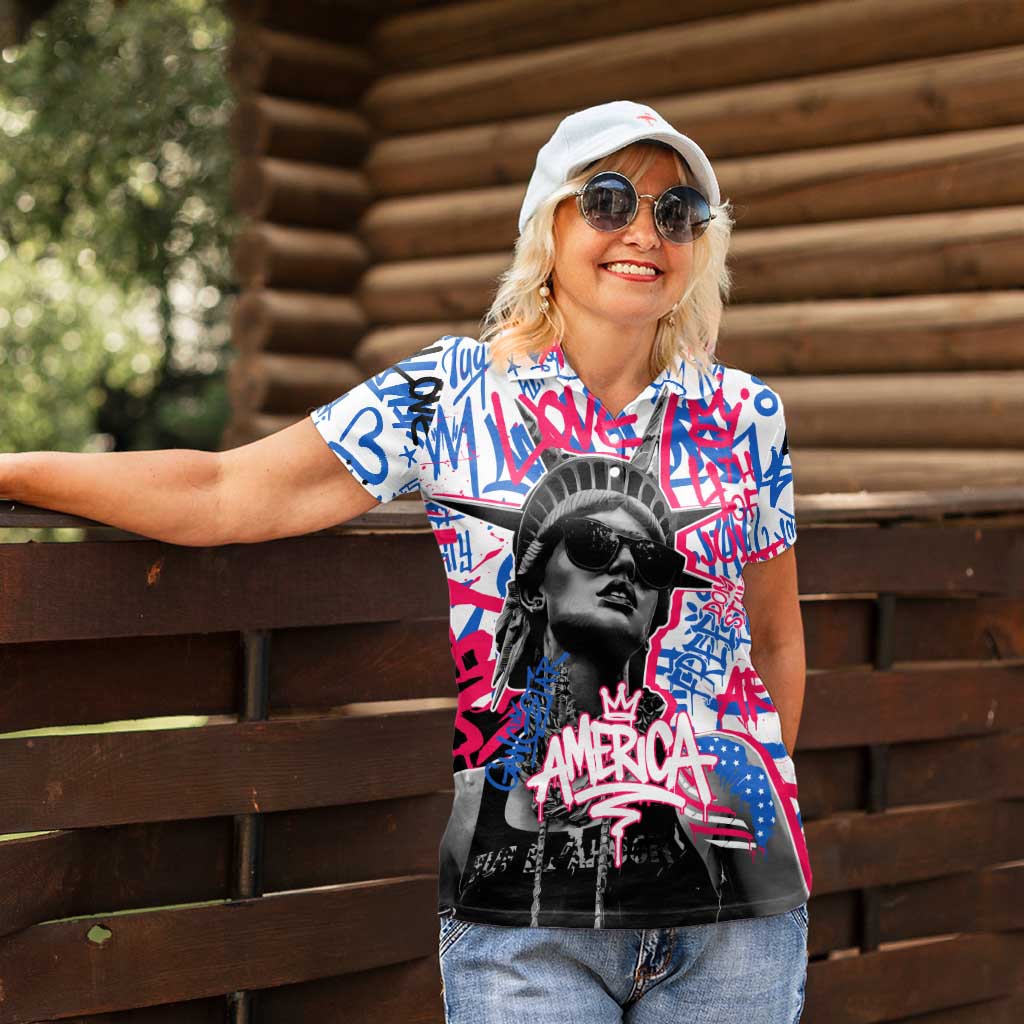 Statue of Liberty Graffiti Street Art Women Polo Shirt America Text and 4th of July Theme in Red White and Blue Design - Wonder Print Shop